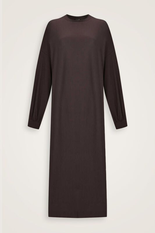  Kol Ağzı Ribana Koyu Kahve Penye Elbise - 1