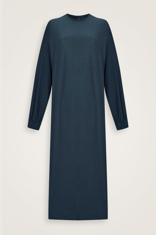  Kol Ağzı Ribana Lacivert Penye Elbise - 2