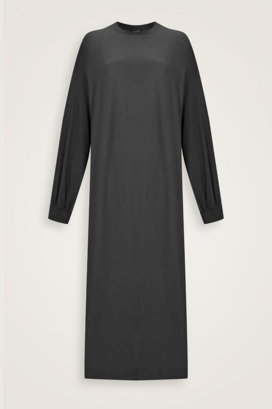  Kol Ağzı Ribana Siyah Penye Elbise - 1