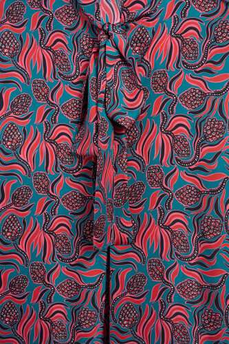 Kozalak Çiçeği Kırmızı-Petrol Boyun Bağcıklı Tivil İpek Elbise - Imannoor (1)