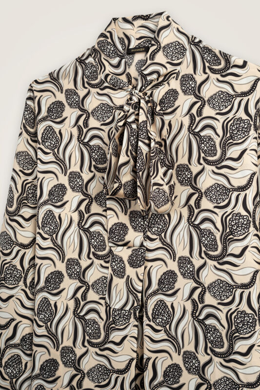 Kozalak Çiçeği Krem-Gri Boyun Bağcıklı Tivil İpek Elbise - 4