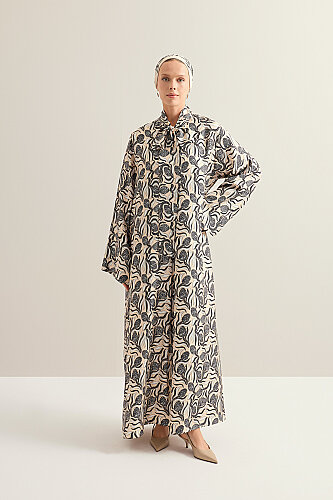 Kozalak Çiçeği Krem-Gri Boyun Bağcıklı Tivil İpek Elbise - Imannoor (3)