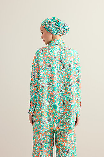 Kozalak Çiçeği Somon-Turkuaz Tivil İpek Gömlek - 8