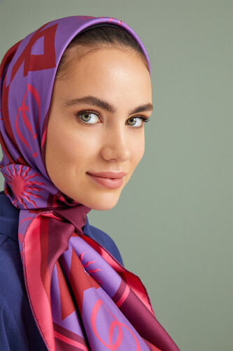 Kubbe Fuşya Tivil İpek Eşarp 90x90 - 5