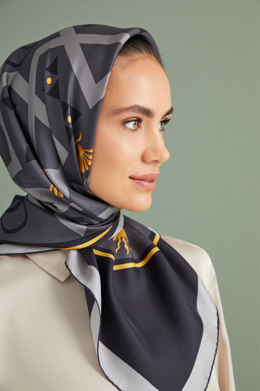 Kubbe Siyah Tivil İpek Eşarp 90x90 - 1