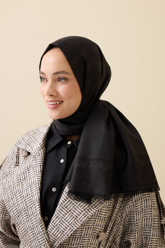 Kufi Siyah Jakar İpek Şal 70x200 - 3