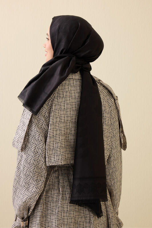 Kufi Siyah Jakar İpek Şal 70x200 - 5
