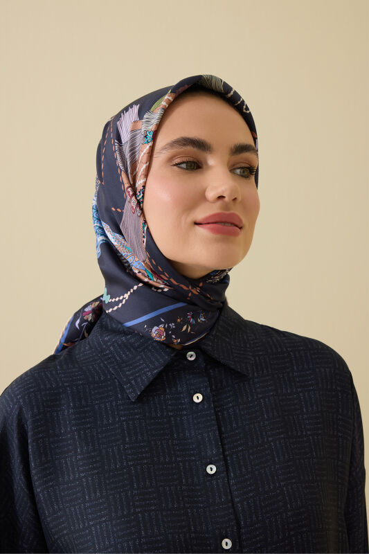Kuşlu Noor Antrasit Tivil İpek Eşarp 95x95 - 3