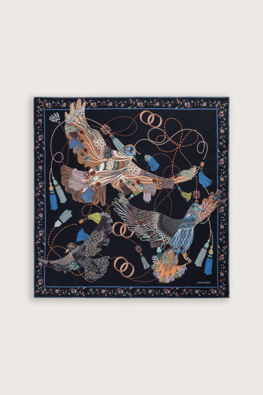 Kuşlu Noor Antrasit Tivil İpek Eşarp 95x95 - 2