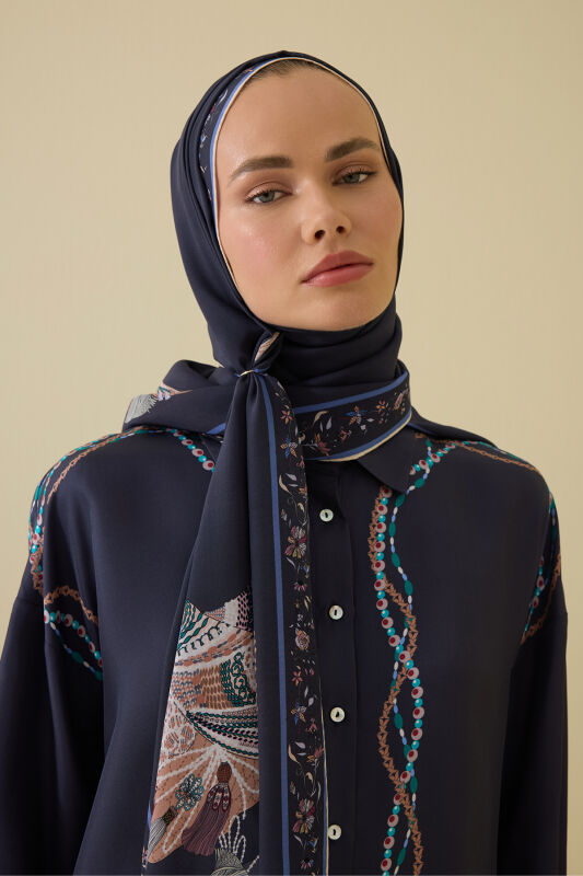 Kuşlu Noor Antrasit Krep İpek Gömlek Şalı 70x210 - 3