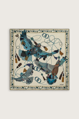 Kuşlu Noor Bej Tivil İpek Eşarp 95x95 - Imannoor (2)