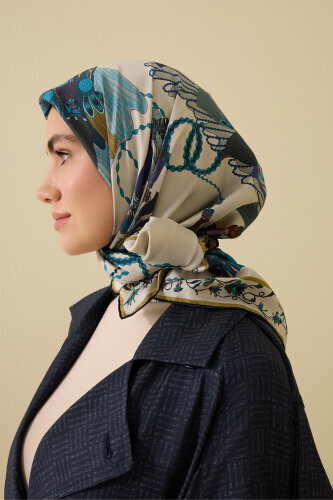 Kuşlu Noor Bej Tivil İpek Eşarp 95x95 - Imannoor (1)