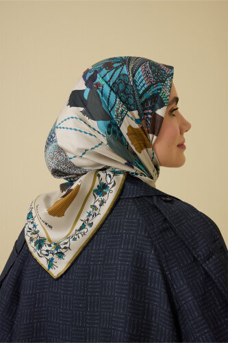Kuşlu Noor Bej Tivil İpek Eşarp 95x95 - 5