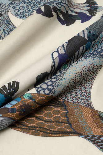 Kuşlu Noor Bej Krep İpek Gömlek Şalı 70x210 - Imannoor (4)