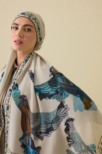 Kuşlu Noor Bej Krep İpek Gömlek Şalı 70x210 - Imannoor (3)