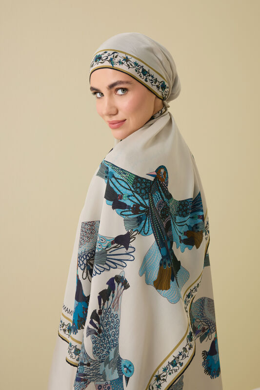 Kuşlu Noor Bej Krep İpek Gömlek Şalı 70x210 - 5