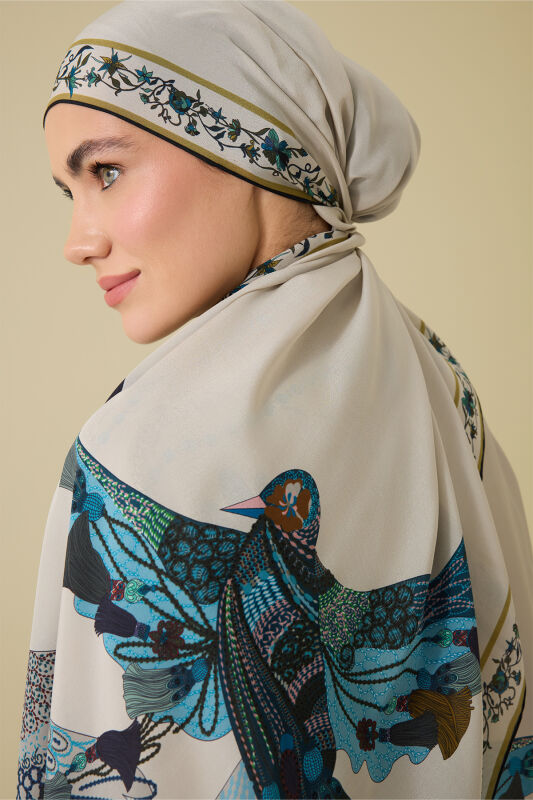 Kuşlu Noor Bej Krep İpek Gömlek Şalı 70x210 - 1