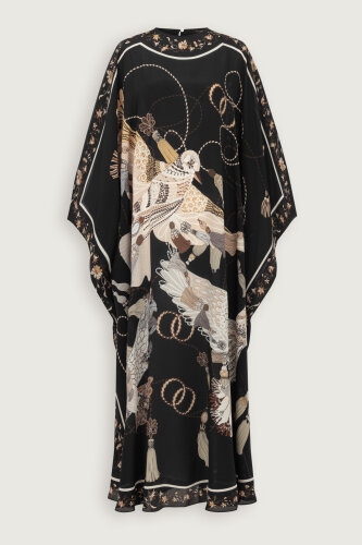 Kuşlu Noor Siyah-Bej Krep İpek Kaftan - Imannoor (2)