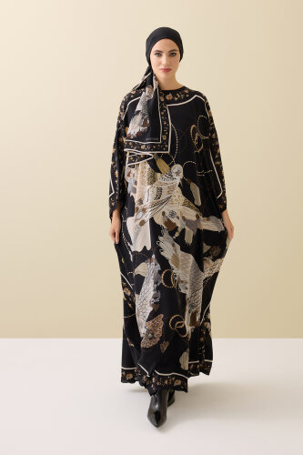 Kuşlu Noor Siyah-Bej Krep İpek Kaftan - 7