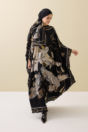 Kuşlu Noor Siyah-Bej Krep İpek Kaftan - 5