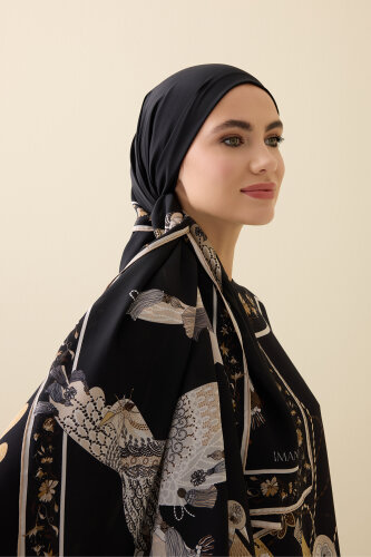 Kuşlu Noor Siyah-Bej Krep İpek Kaftan Şalı 70x210 - 5