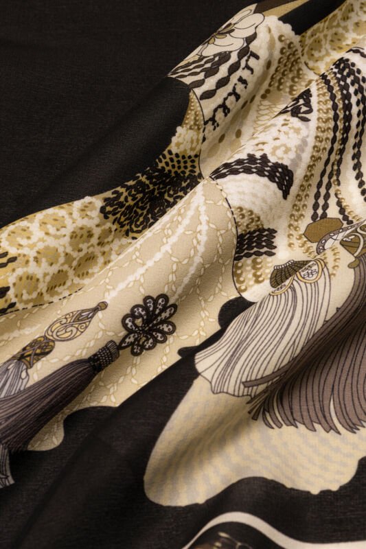 Kuşlu Noor Siyah-Bej Krep İpek Kaftan Şalı 70x210 - 4