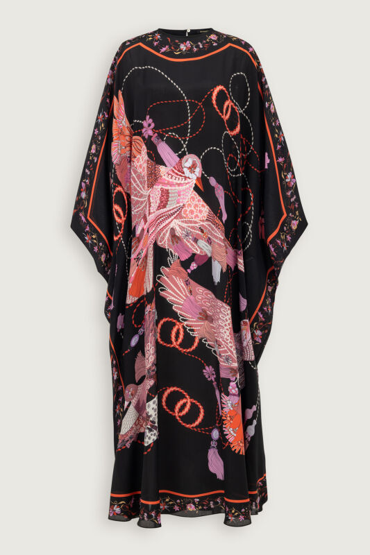 Kuşlu Noor Siyah-Kırmızı Krep İpek Kaftan - 2