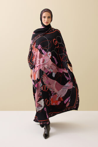 Kuşlu Noor Siyah-Kırmızı Krep İpek Kaftan - 7