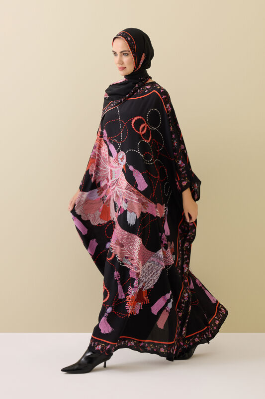Kuşlu Noor Siyah-Kırmızı Krep İpek Kaftan - 3