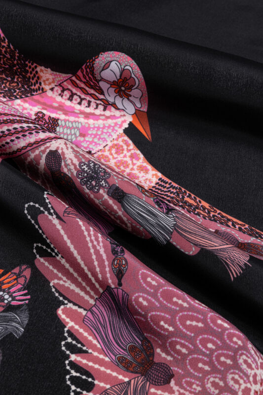 Kuşlu Noor Siyah-Kırmızı Krep İpek Kaftan Şalı 70x210 - 4