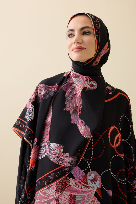 Kuşlu Noor Siyah-Kırmızı Krep İpek Kaftan Şalı 70x210 - 1