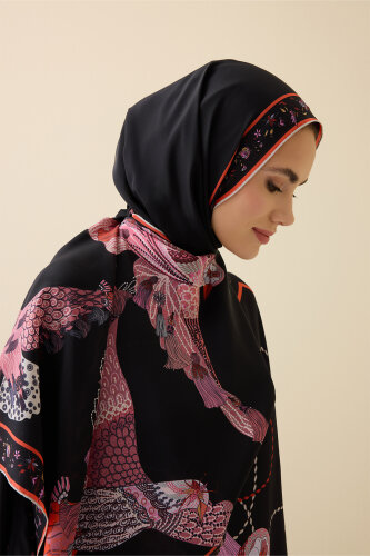 Kuşlu Noor Siyah-Kırmızı Krep İpek Kaftan Şalı 70x210 - Imannoor (3)