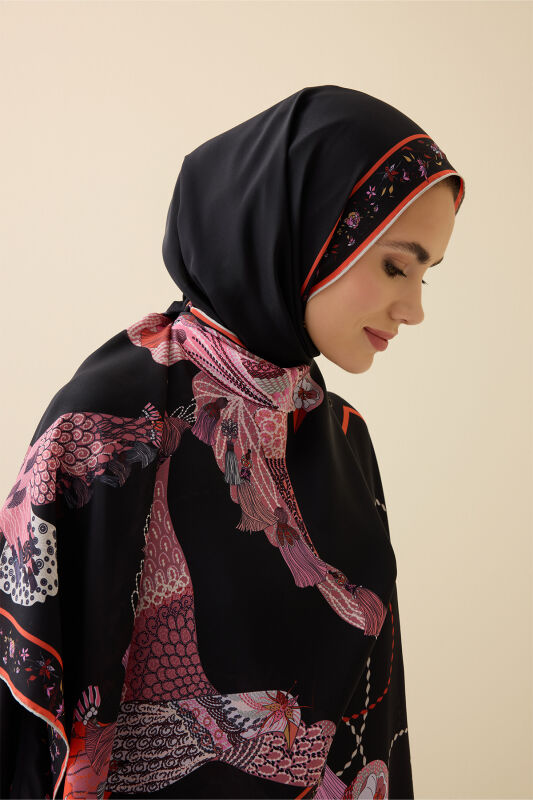 Kuşlu Noor Siyah-Kırmızı Krep İpek Kaftan Şalı 70x210 - 3