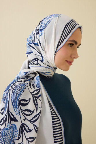 Lale Devri Mavi Krep İpek Şal 70x210 - Imannoor (3)