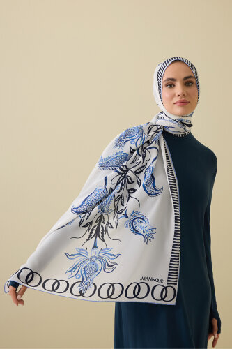 Lale Devri Mavi Krep İpek Şal 70x210 - Imannoor (1)