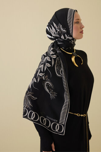 Lale Devri Siyah Krep İpek Şal 70x210 - Imannoor (1)