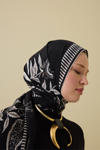 Lale Devri Siyah Krep İpek Şal 70x210 - Imannoor (3)