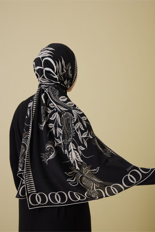 Lale Devri Siyah Krep İpek Şal 70x210 - 5