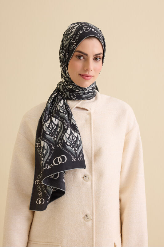 Lale Siyah-Beyaz Pamuk İpek Şal 70x210 - 1