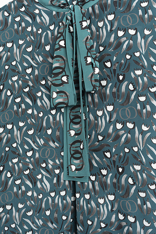 Lale Tarlası Petrol Boyun Bağcıklı Krep İpek Elbise - 8