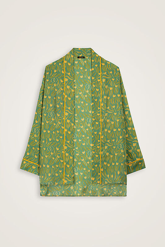 Lale Tarlası Yeşil Krep İpek Kısa Kimono - 2