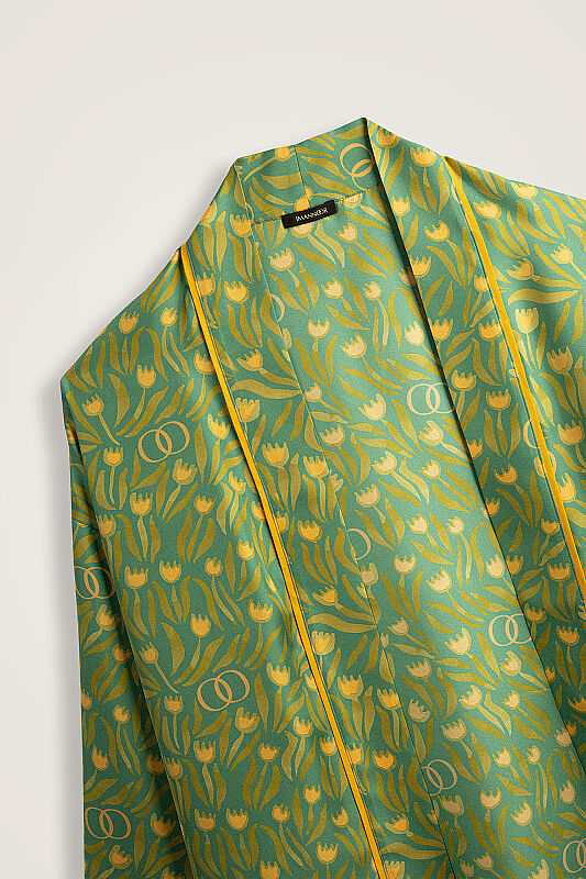 Lale Tarlası Yeşil Krep İpek Kısa Kimono - 4