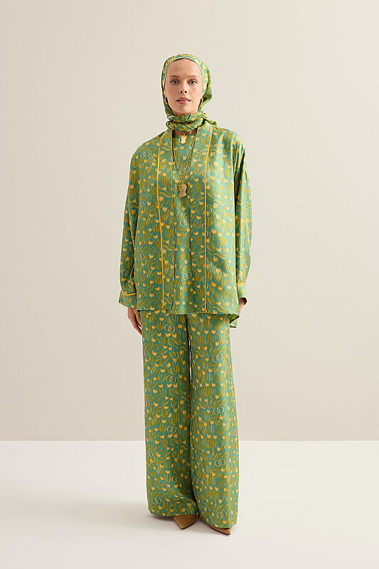 Lale Tarlası Yeşil Krep İpek Kısa Kimono - 1