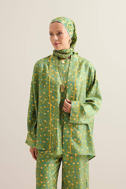 Lale Tarlası Yeşil Krep İpek Kısa Kimono - 3