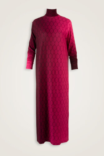 Lattice Gradient Burgundy Turtleneck Combed Cotton Dress 