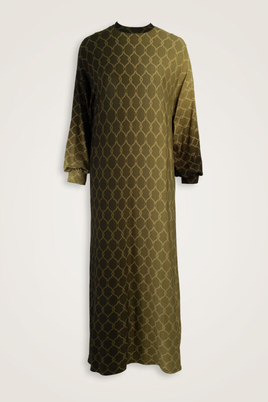 Lattice Gradient Khaki Sleeve Rib Combed Cotton Dress - 1