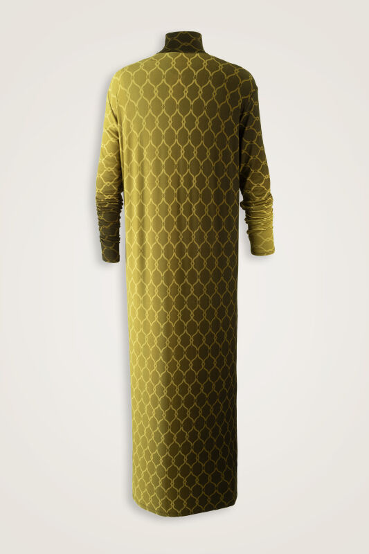 Lattice Gradient Khaki Turtleneck Combed Cotton Dress - 2