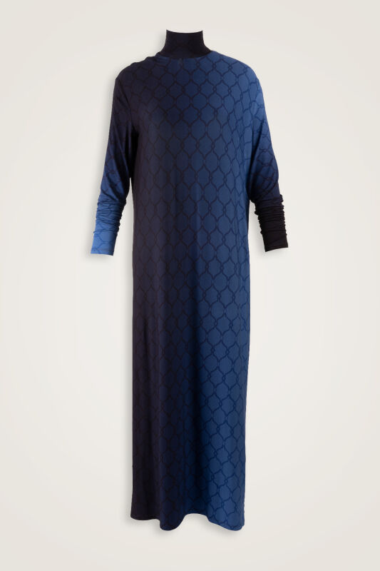 Lattice Gradient Navy Blue Turtleneck Combed Cotton Dress - 1