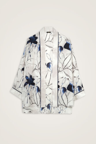 Lilies in Bloom Silver Twill Silk Short Kimono - 1