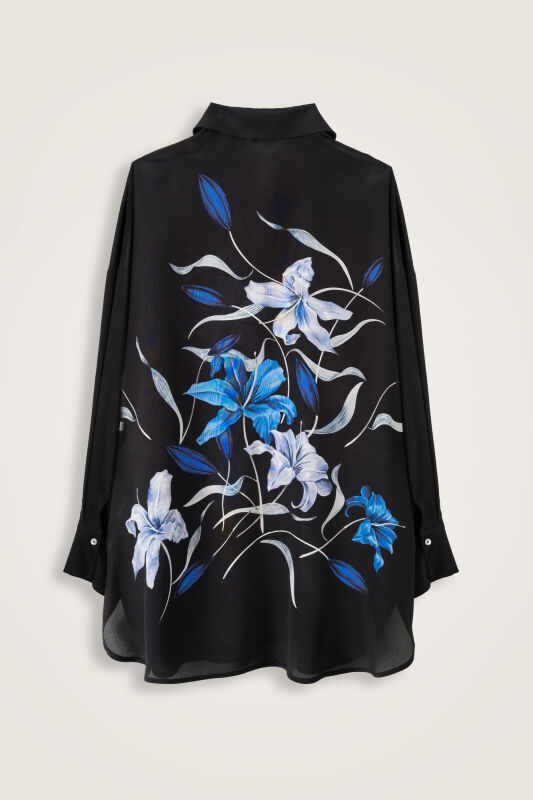 Lily Black-Blue Crepe Silk Shirt Pajamas - 2